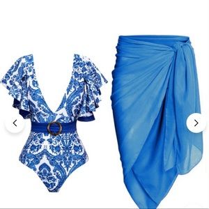 Flaxmaker Deep V ruffle B bathing suit and sarong
